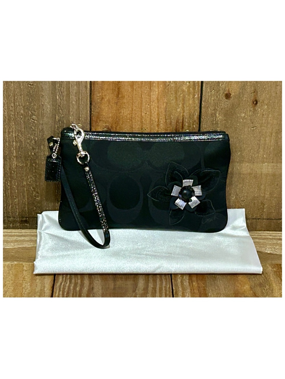 Coach Black Signature Floral Appliqué Wristlet Clutch - Picture 3 of 16